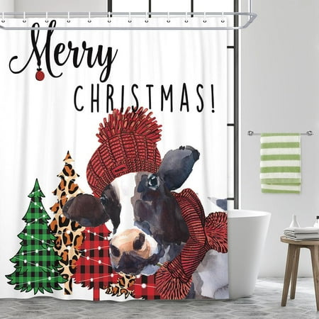 Modern Farmhouse Shower Curtain, Merry Christmas Funny Cow Buffalo Plaid Tree in Winter Holiday Bathroom Decoration Accessory Set, Fabric Waterproof Cloth Curtains, Hooks Include