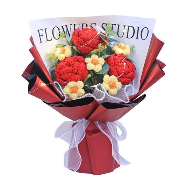 Ramo de flores completamente de ganchillo con ramo de flores artificiales de punto fácil, ramo de punto hecho a mano para regalos de fiesta de cumplea Rojo