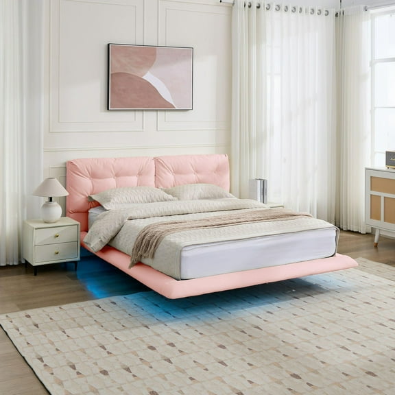 Queen Size Floating Bed Frame with LED Lights, Upholstered Platform Bed with Button Tufted Headboard, No Box Spring Needed, Easy Assembly, Pink