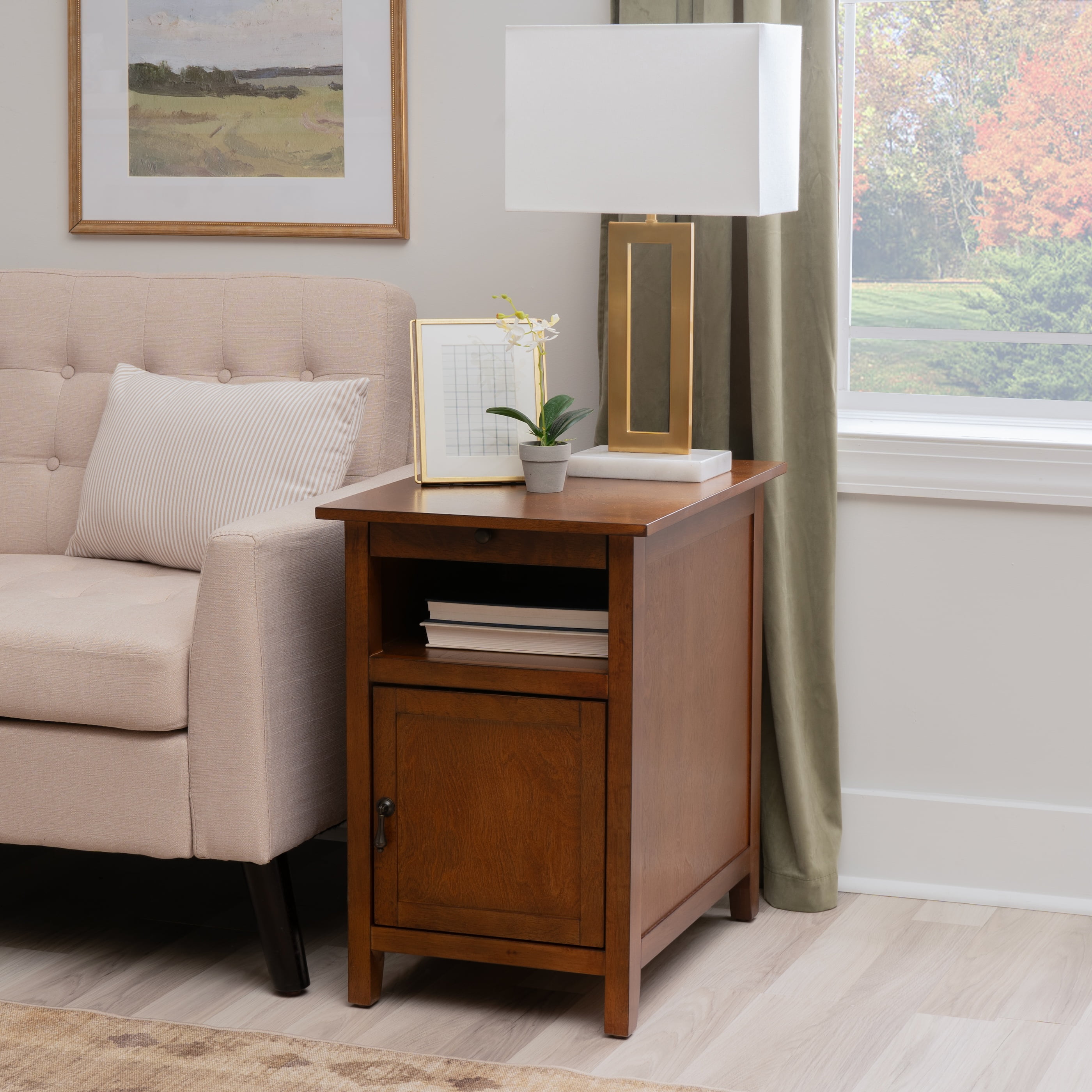 Powell Bryson Indoor Side Accent Table with Storage and Built-In USB Port, Hazelnut