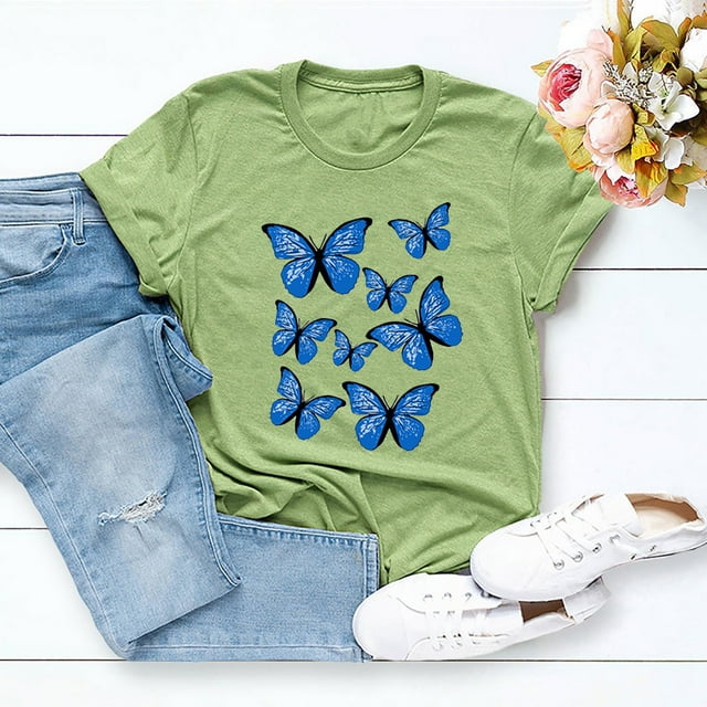 Hauts d'Été Grande Taille pour Femmes, Mode Décontractée, Imprimé Papillon, Manches Courtes, Col Rond, Hauts Graphiques Originaux, T-Shirt Col en V pour Femmes en Liquidation