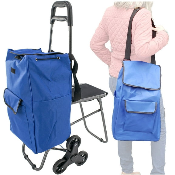 Foldable Stair Climbing Cart with Seat Tri Wheel Grocery Trolley Waterproof Bag