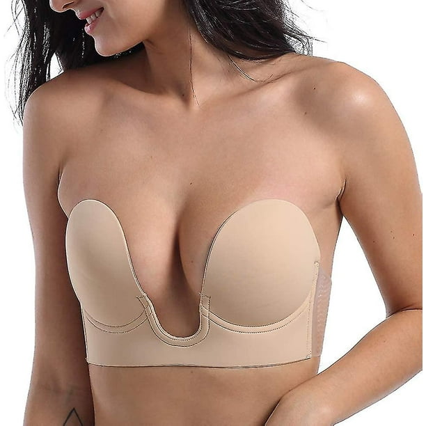 Strapless Sticky Push-up Plunge Bra - Plus Size Backless Adhesive Bra A-e  Cup 