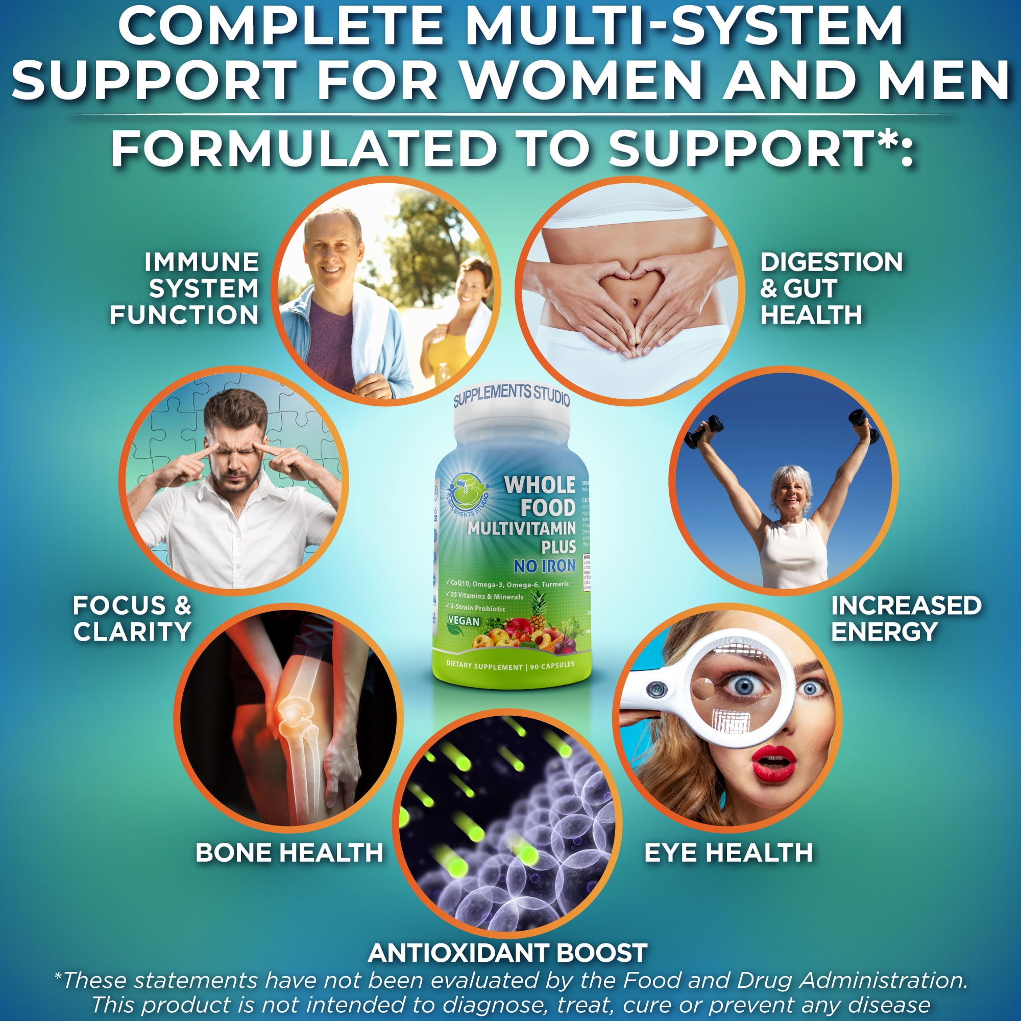 Vegan Whole Food Multivitamin (no Iron) for Women & Men's Optimal Support, Supplements Studio, 90Ct