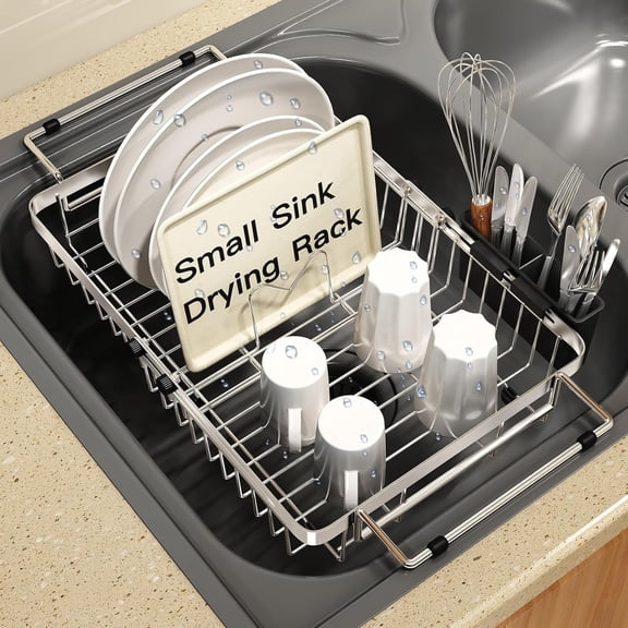 MAJALiS Expandable Stainless Steel Over The Sink Dish Drying Rack for Small Kitchen, Counter Space Saving, Hanging Compact RV Plate Drain Strainer in Silver Wire Metal with Adjustable Utensil Holder