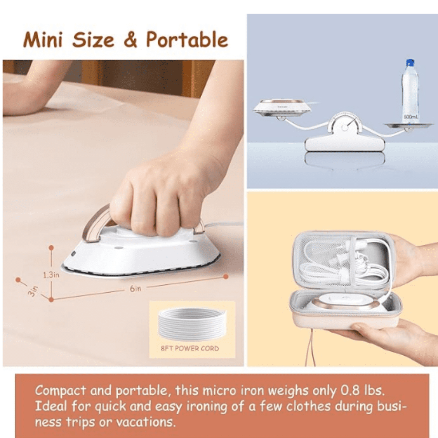 Travel Iron with Global Voltage, 100-240V Mini Dry Iron for Clothes (No Steam), Max 300W, 60s Heat Up, 302℉ Non-Stick Ceramic Soleplate, 0.8lbs (Gold with Hard Case)