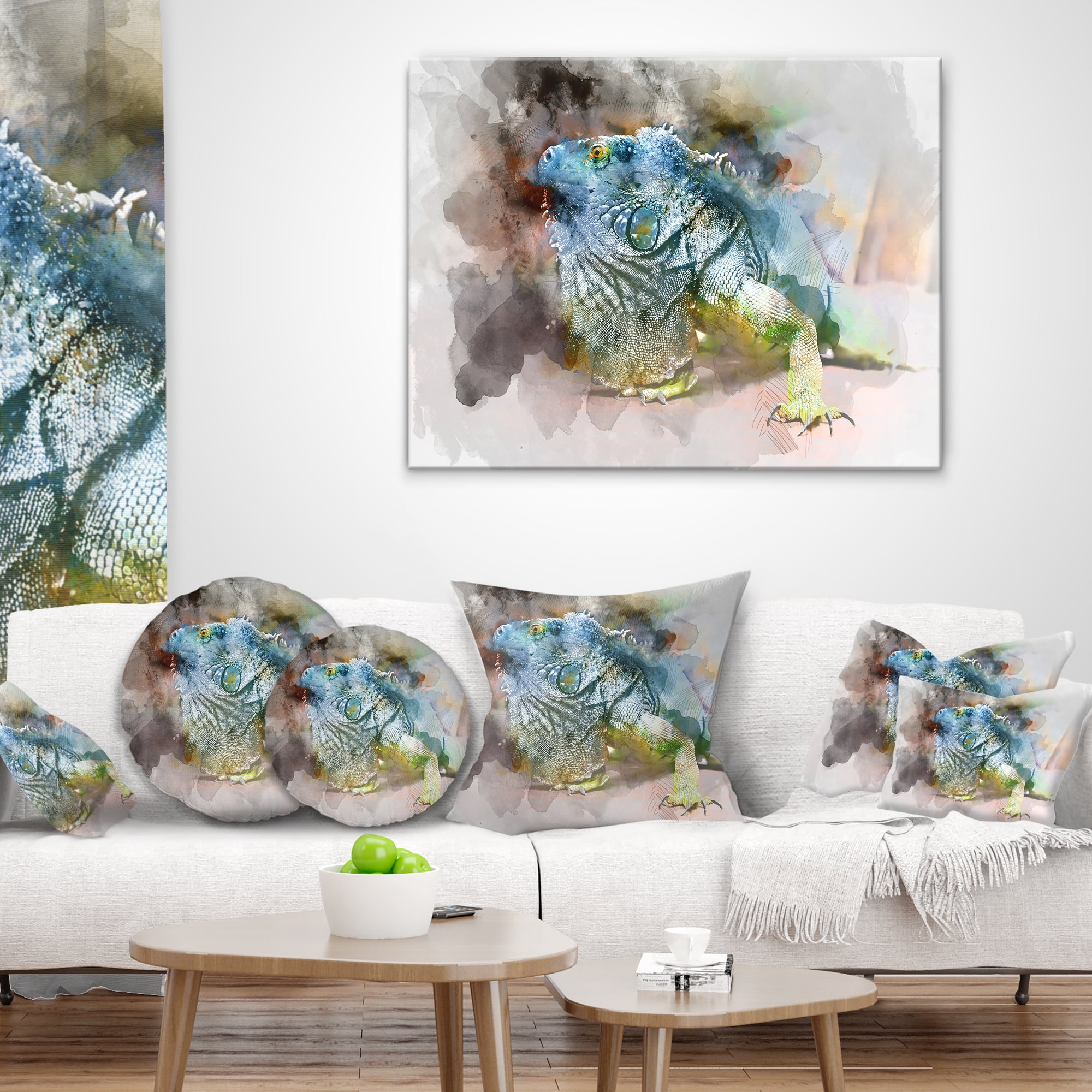 Designart Green Iguana Close Up Painting - Abstract Throw Pillow - 18x18
