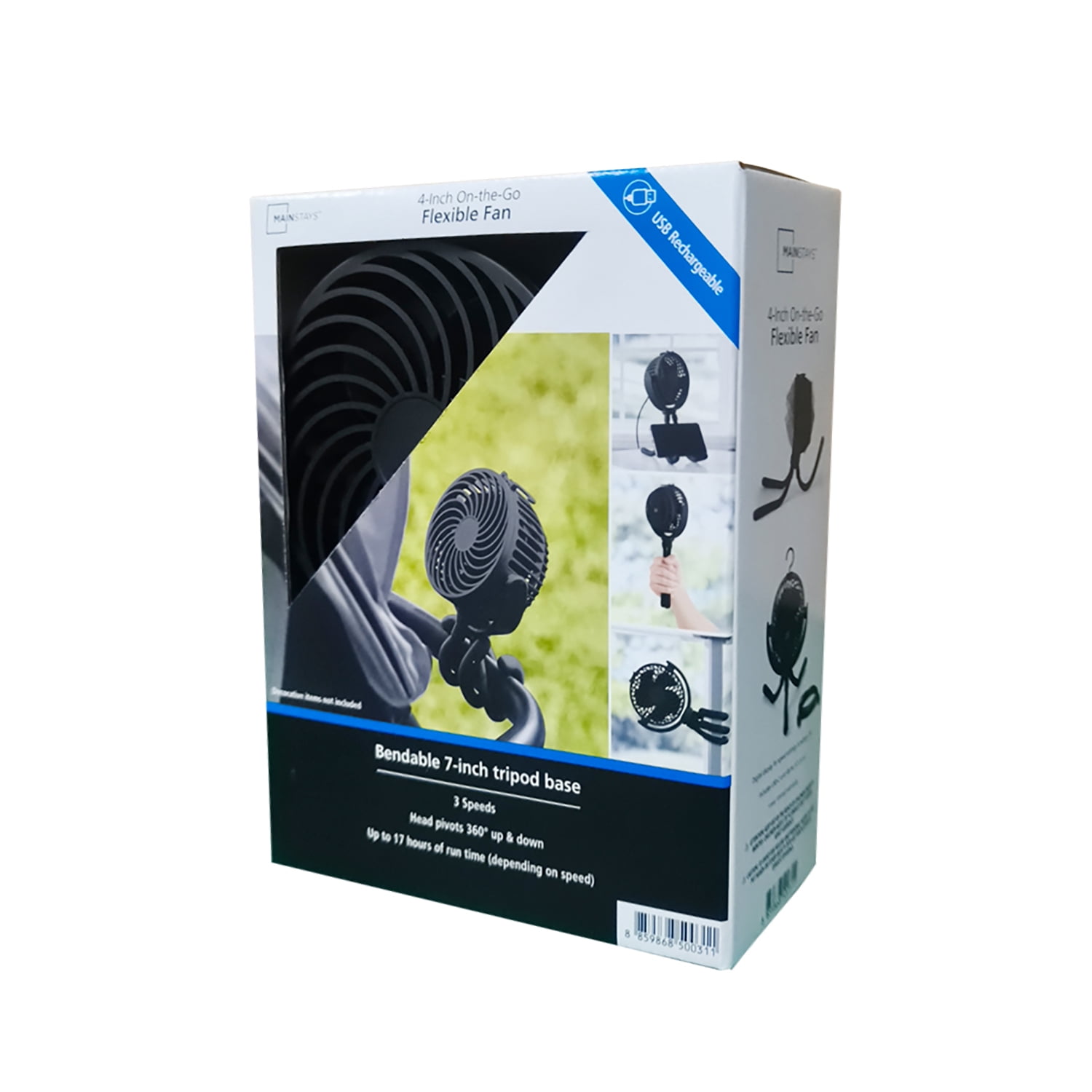 Mainstays 4" 3-speed Portable Rechargeable Fan, Flexible Tripod and Digital Display, Black, Model#FN1005NBK