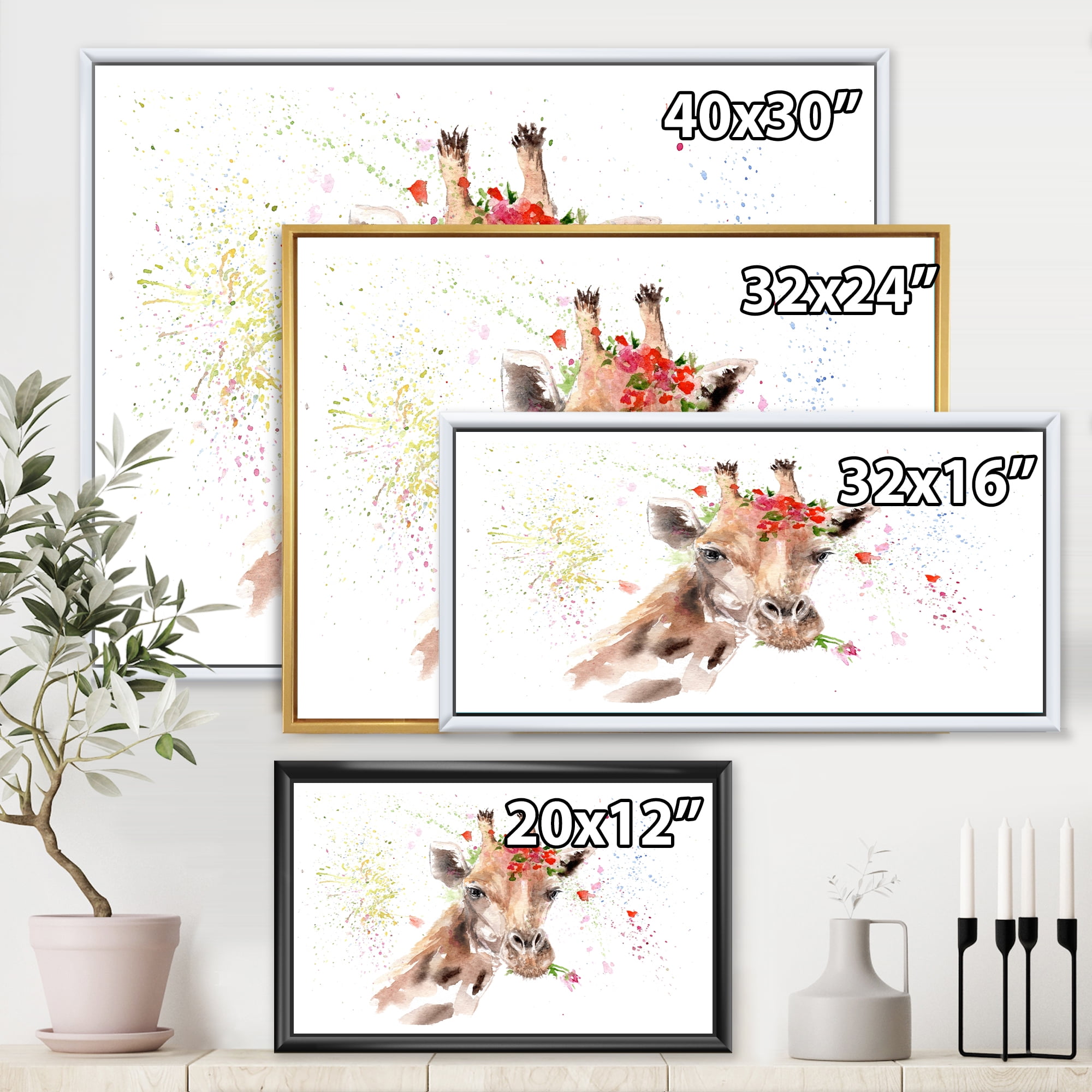 Designart 'Portrait of A Giraffe With Red Flowers II' Farmhouse Framed Canvas Wall Art Print