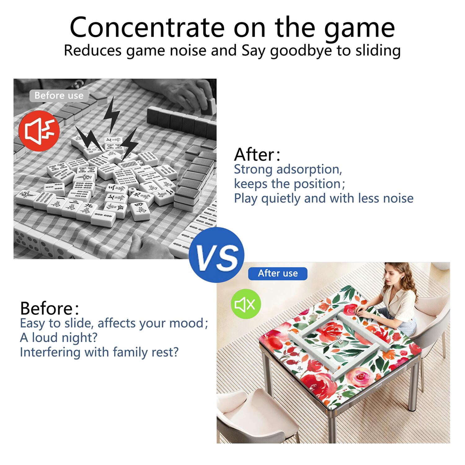 Premium Floral Pattern Non-Slip Mahjong Mat 31.5 Inch Square Rubber Playing Surface Noise Reduction for Chinese Tiles Card Games & Entertainment