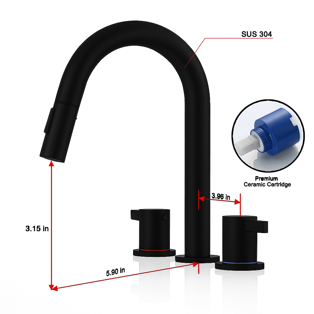 Matte Black 3-Hole Bathroom Faucet, Dual 304 Stainless Steel Handles, Lead-Free Ceramic Valve, 2.2 GPM Pull-Out Sprayer Sink Faucet