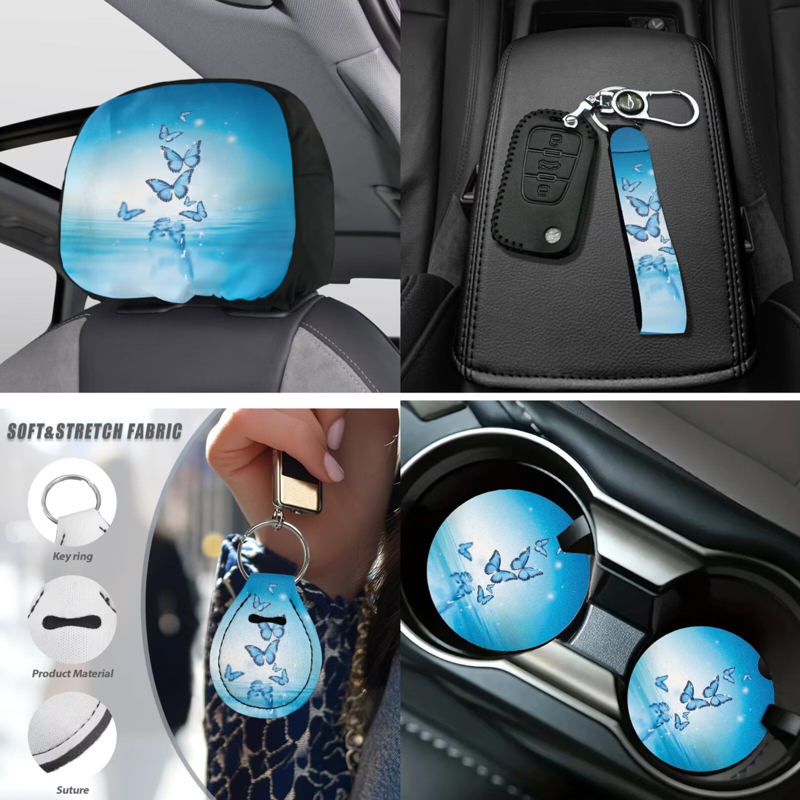 Uorisanigo Butterfly Printed 18 Packs Car Seat Cover with Seat Belt Shoulder Pad Full Set Universal Steering Wheel Protector Armrest Covers Headrest Handbrake Grip Protector Coasters Keychains