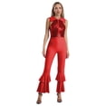 thumbnail image 1 of Womens Dance Leotard Shiny Rhinestone O-Ring Front Tiered Bell-Bottom Bodysuit for Disco Party Red S, 1 of 7