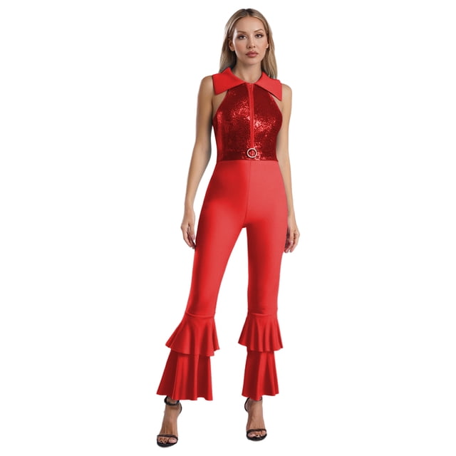 Womens Dance Leotard Shiny Rhinestone O-Ring Front Tiered Bell-Bottom Bodysuit for Disco Party Red S