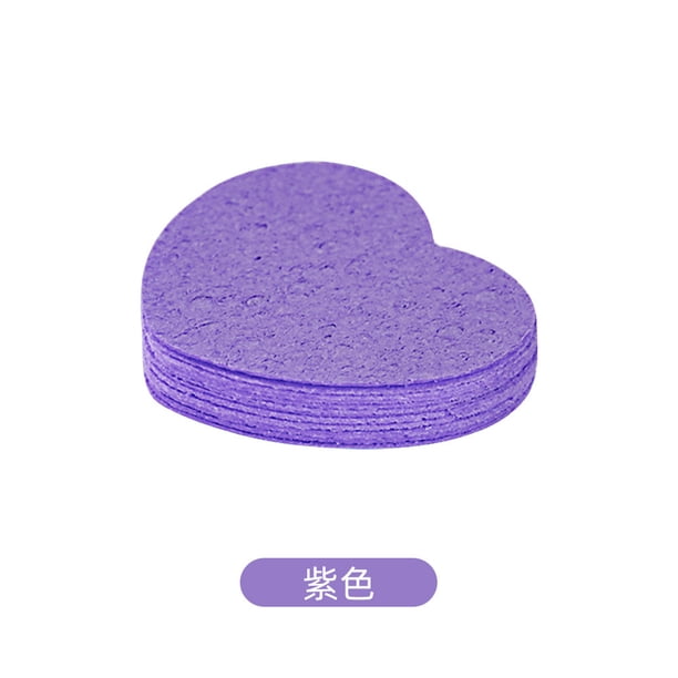 Xiao Hua 10 esponjas limpiadoras faciales comprimidas con forma de corazón morado, de pulpa de madera, refrescantes, desmaquillantes y limpiadoras faciales.