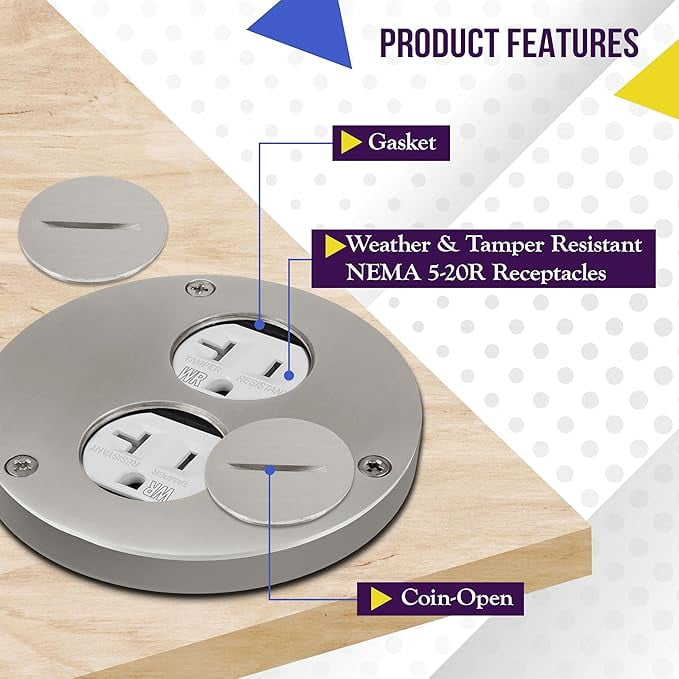 ENERLITES Screw Cap Floor Box Cover, 4" Diameter, 20A Tamper-Weather Resistant Receptacle Outlet, Watertight Gaskets, 975501-SS, UL Listed, Stainless Steel