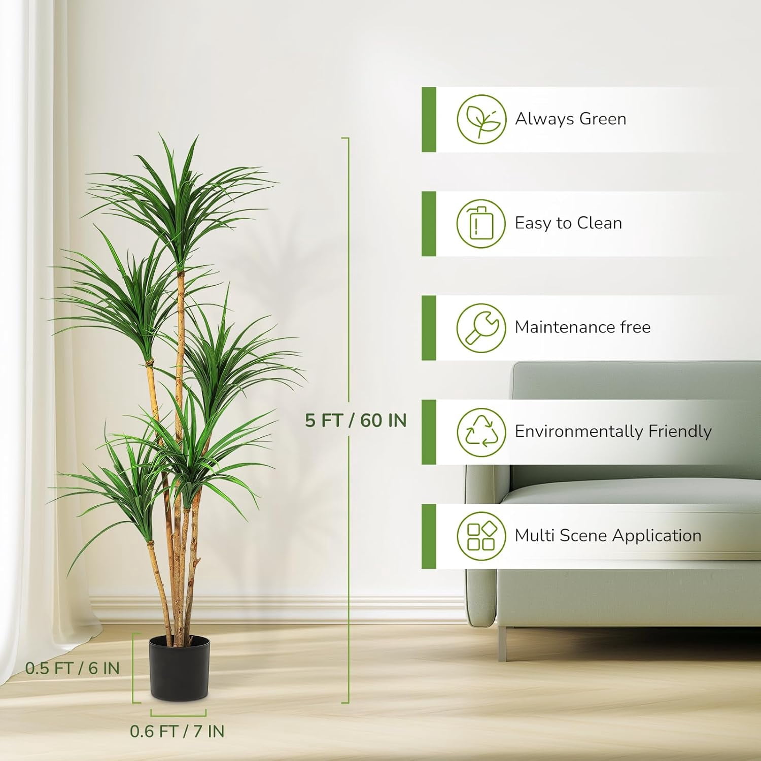 Dracaena Artificial Plant,4FT/5FT/6ft Tall Faux Dracaena Plant with Pot Faux Plants Indoor Artificial House Floor Plants Outdoor Fake Dracaena Trees for Home Office Decor Ideal Housewarming Gift