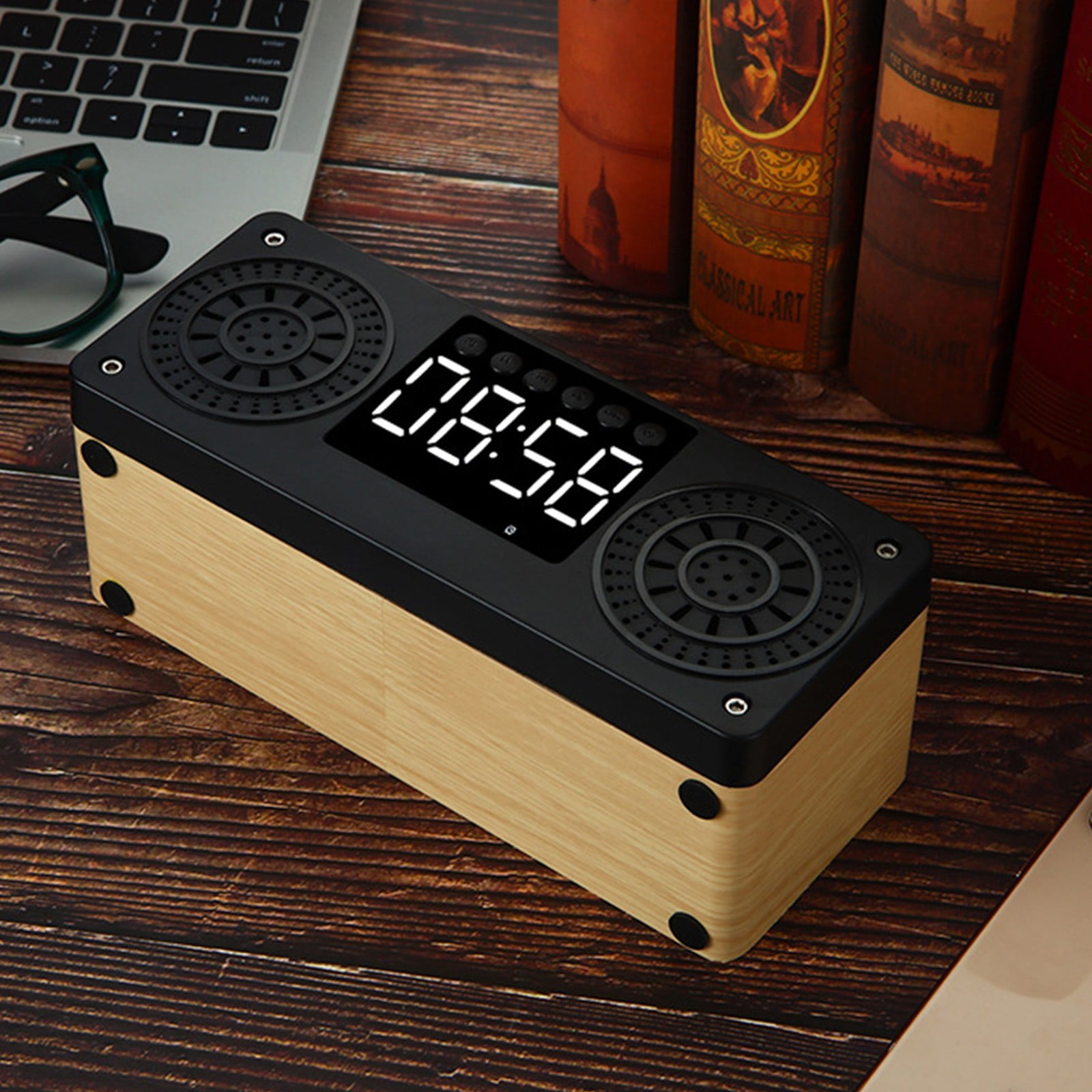 maho A10 Wooden Clock Multi-function Bluetooth Audio U Disk Card Gift Gift Mobile Phone Computer Speaker Bluetooth Speaker for Gift, Shower, Party, Home, Travel