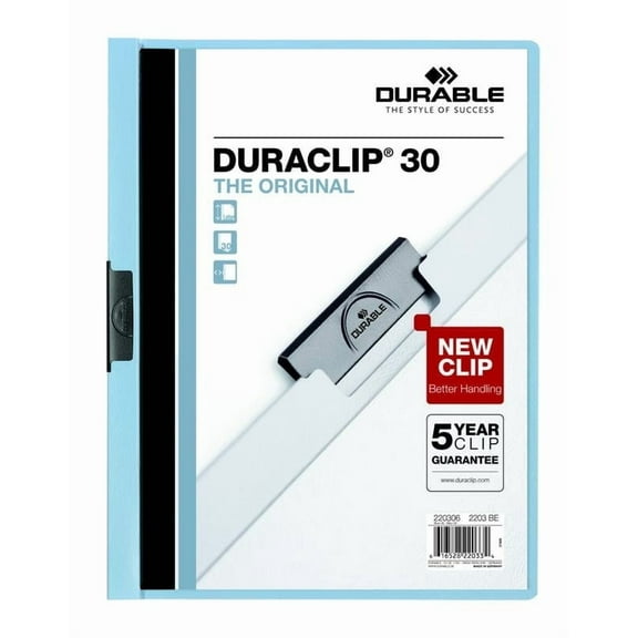 DURABLE Report Cover with DURACLIP, Letter-size, Holds Up to 30 Pages, Clear Cover/Light Blue, 25 per Box (220306)