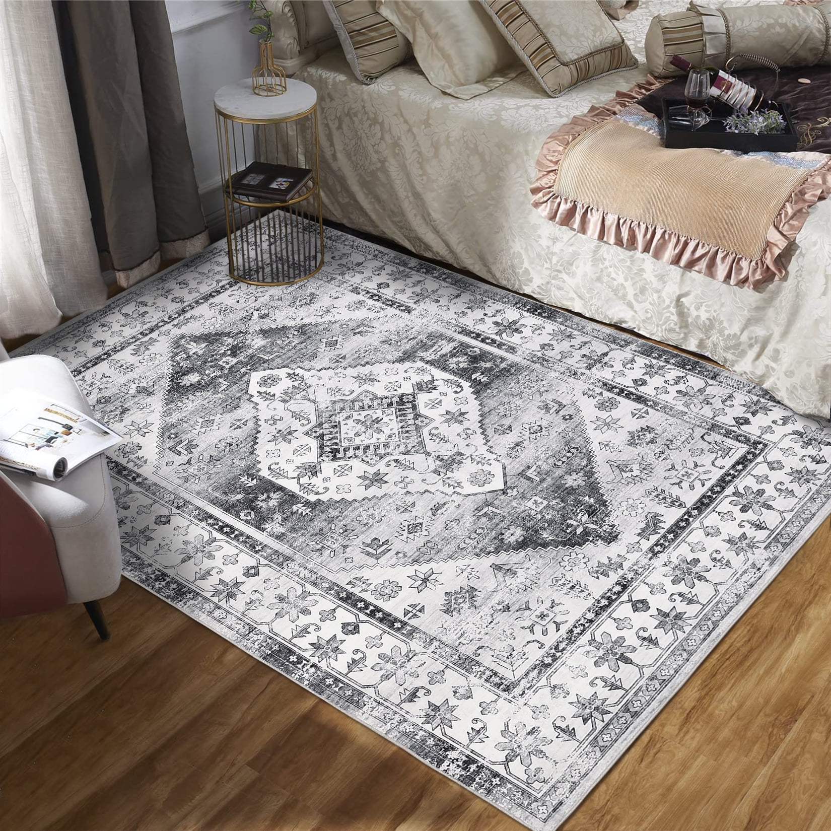 ZACOO 8'x10' Washable Rug Non Slip Vintage Oriental Rug Foldable Rug Retro Medallion Carpet for Living Room Bedroom,Grey