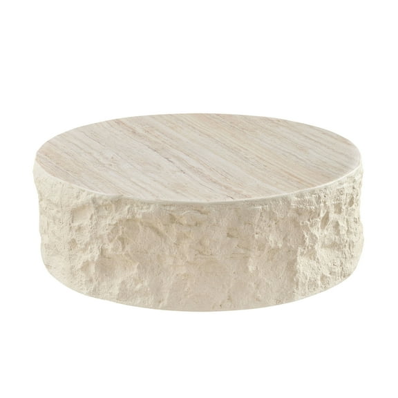 35.43"Fiberglass Round Center Coffee Table for Living Room Vintage Table, Imitation Stone Table Front of The Sofa, Modern Design Coffee Table for Office, Apartment, No Need Assembly (Beige)