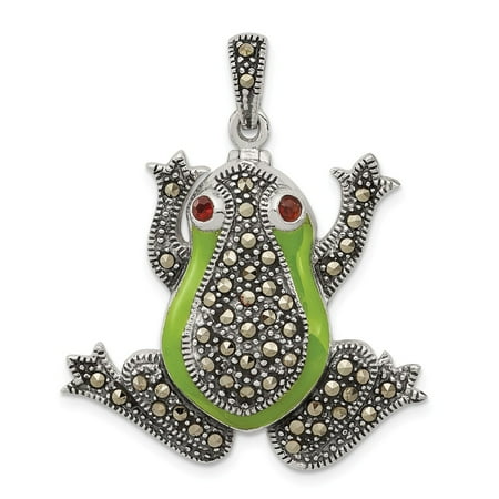 - Sterling Silver Marcasite w/Garnet & Green Epoxy Frog Pendant