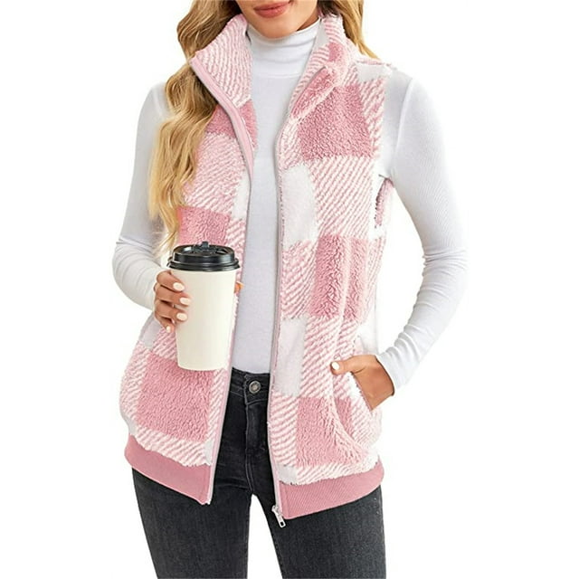 LUXUR Gilet à Carreaux pour Femmes Tenue de Travail Décontractée Rose S