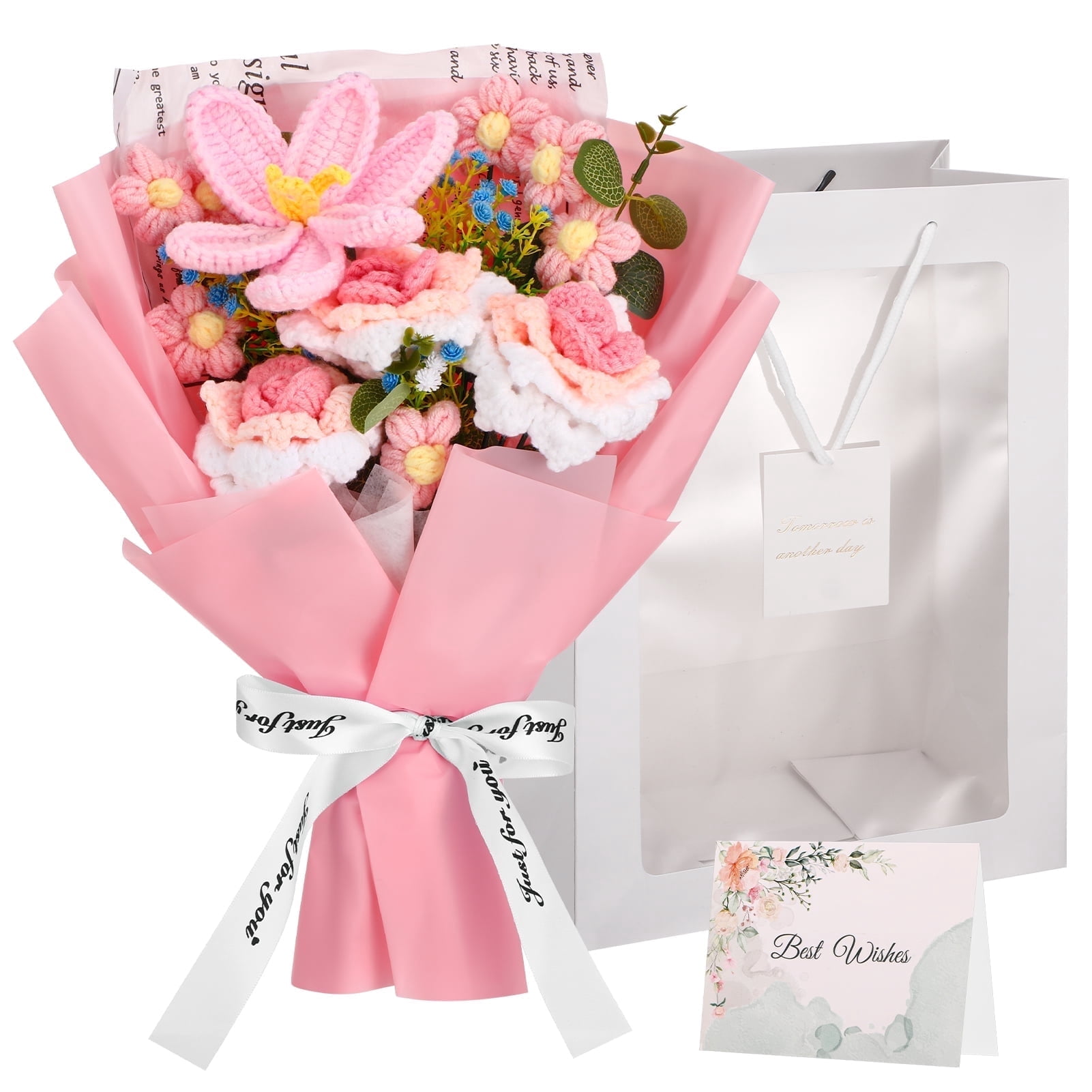 Armscye Pink Crochet Flower Bouquet, Handmade Knitted Rose Sunflower Daisy with Card & Gift Bag, Just for You Gift, Artificial Knitted Blooms for Birthday, Room Decor & Back to College