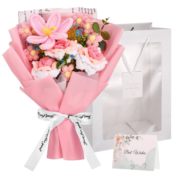 Armscye Pink Crochet Flower Bouquet, Handmade Knitted Rose Sunflower Daisy with Card & Gift Bag, Just for You Gift, Artificial Knitted Blooms for Birthday, Room Decor & Back to College