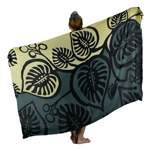 Island Style Women's Pareo Sarong Cover-up- Hawaiian Monstera Print, Blue and Tan