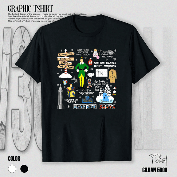 Buddy Elf Movie Collage Red Background Christmas Holiday Unisex T-Shirt V14298, up to Size 5XL