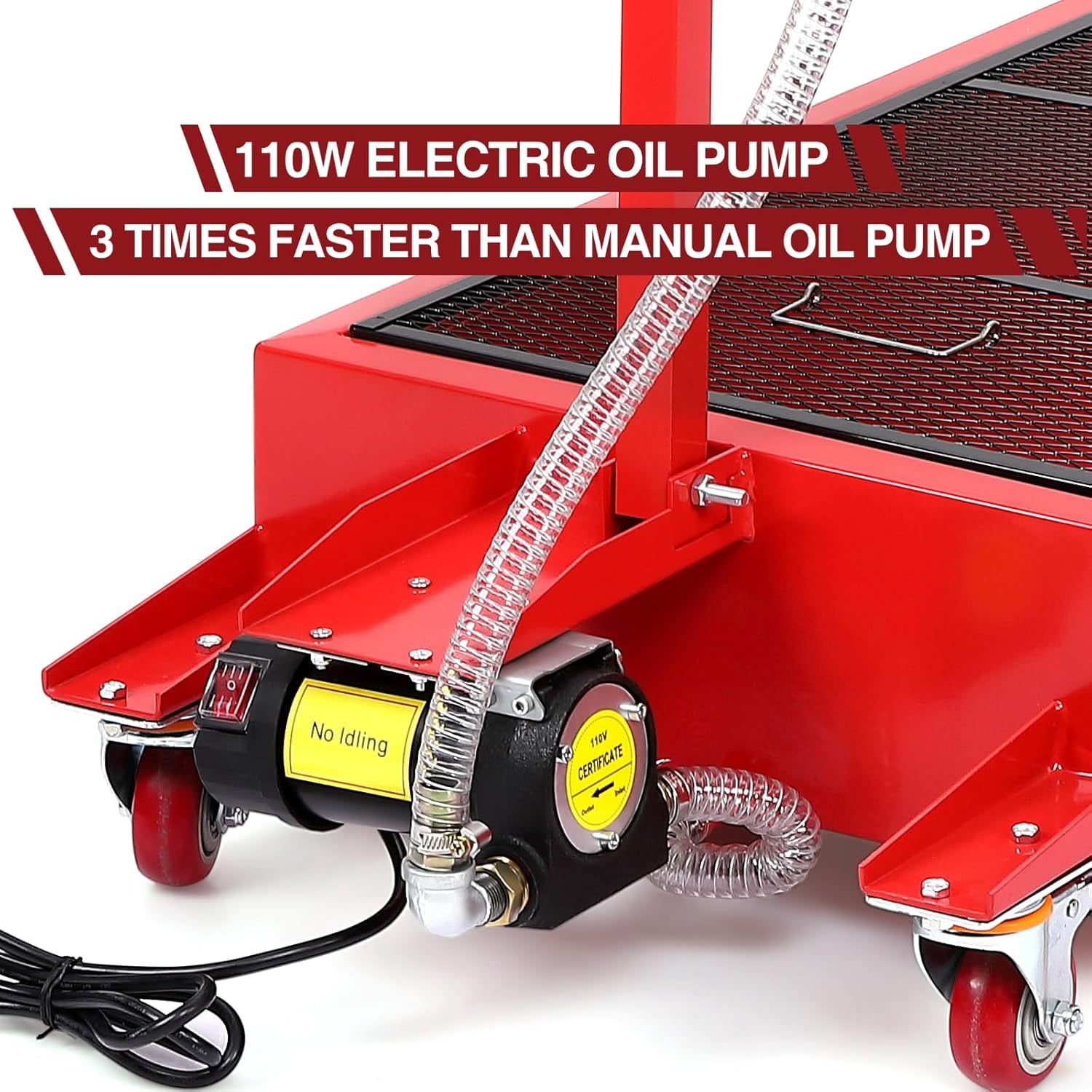 AOILE 20 Gallon Low Profile Oil Drain Pan with 110V Electric Pump & 7.2FT Hose for Car, SUV, Trucks Buses Oil Draining, Red