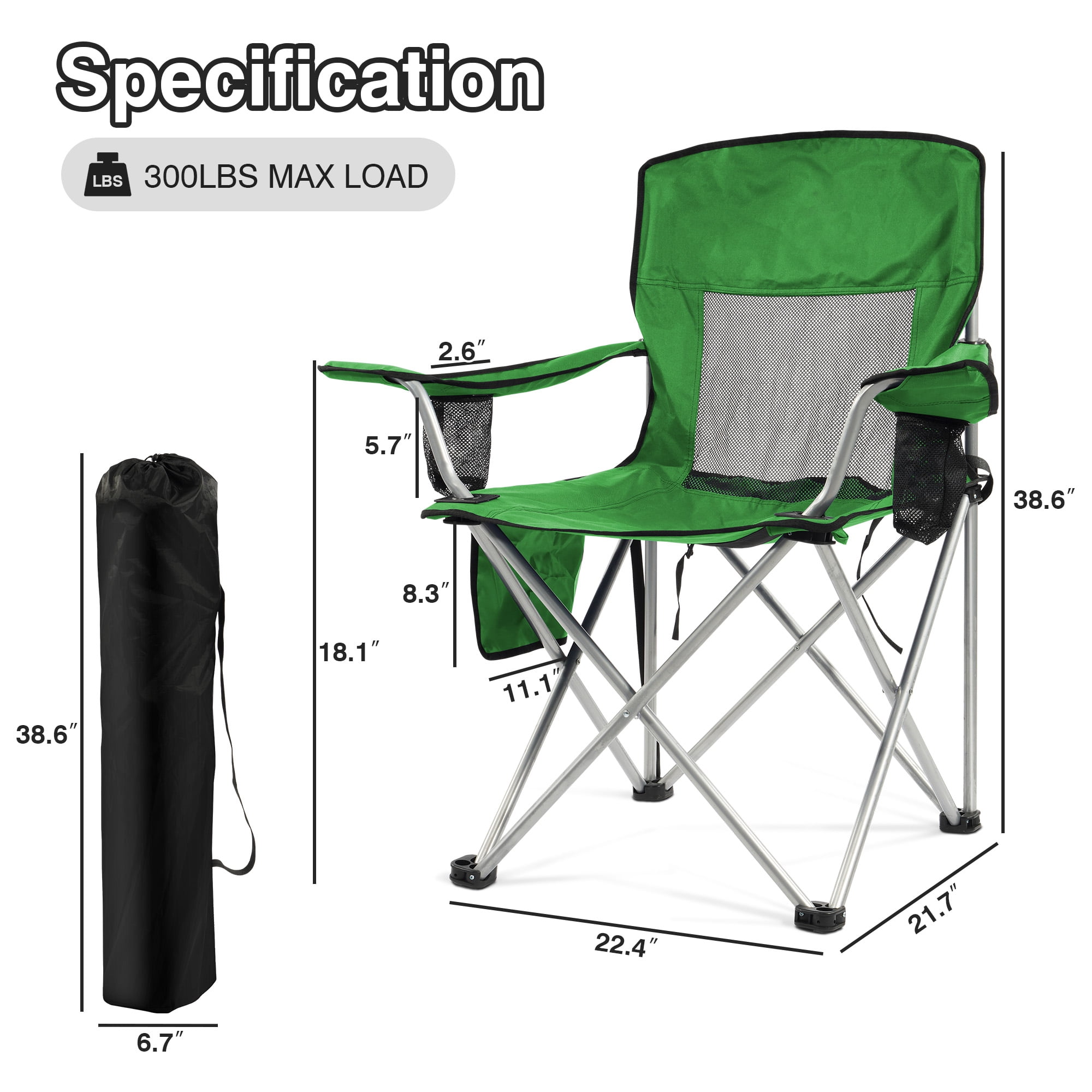Sprint Demon Folding Camp Chair，Portable Outdoor Chair with Cup Holder & Carrying Bag，for Camping, Beach, Fishing, and Sports Events