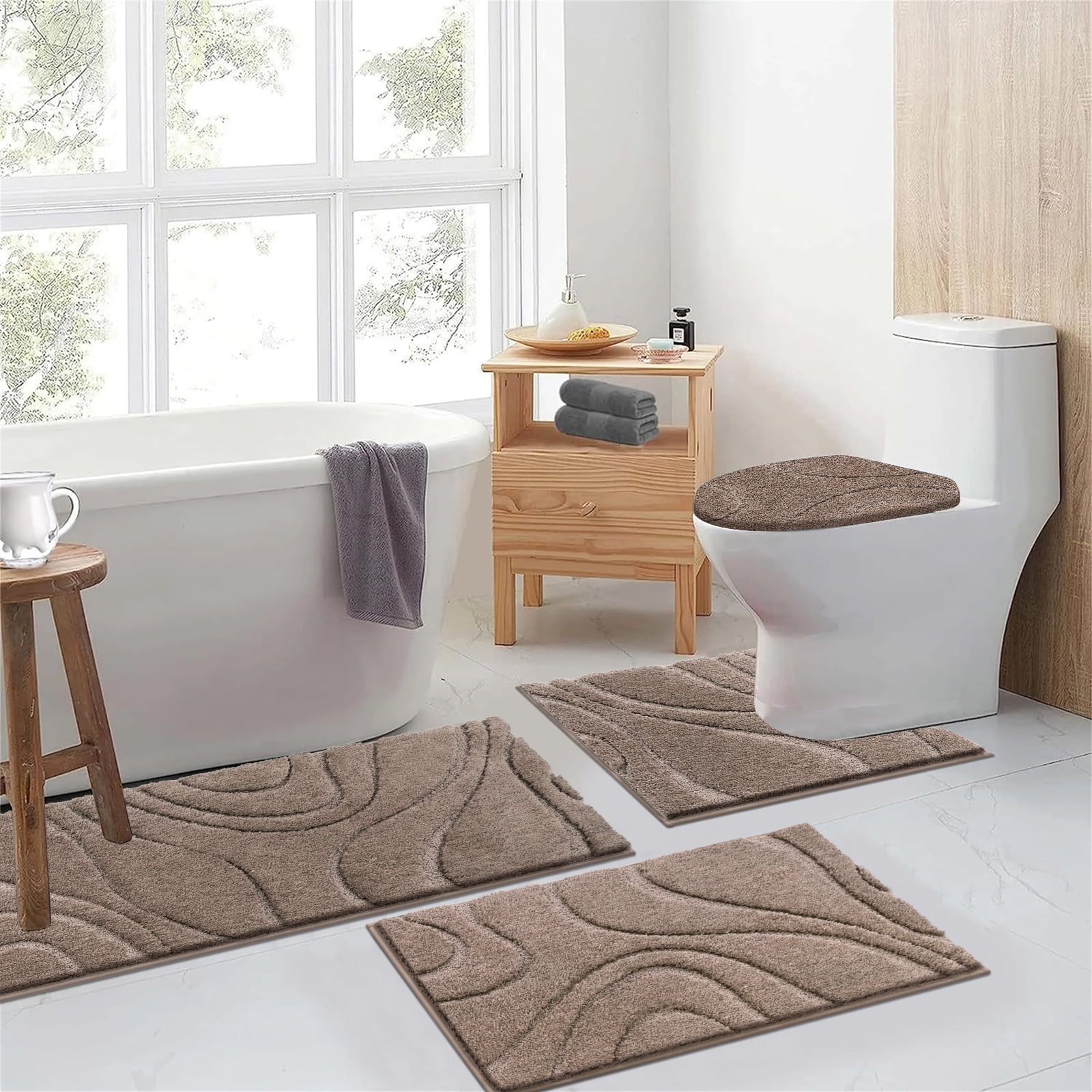 Ileading Bathroom Rugs Sets 4 Piece, Super Soft and Absorbent Non Slip Microfiber Toilet Bathroom Mats