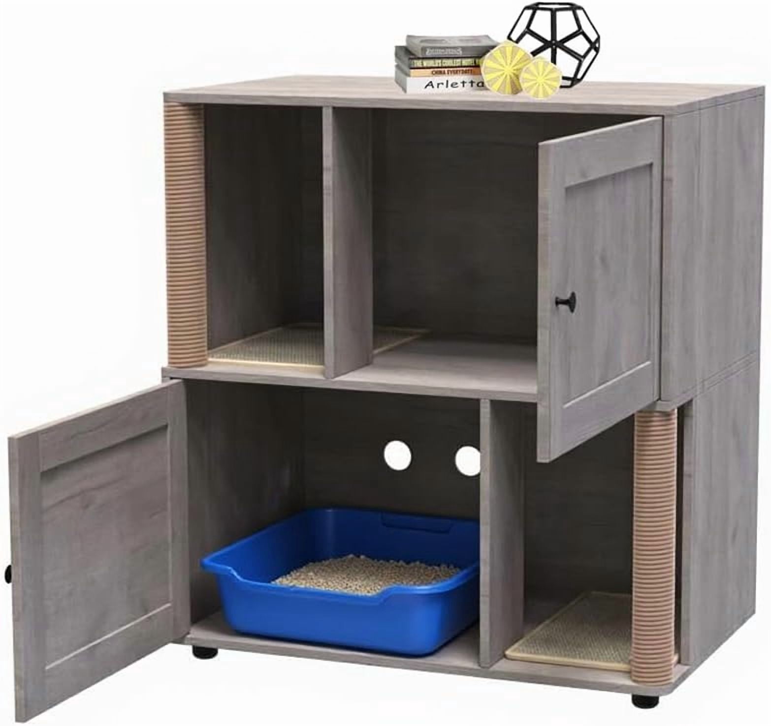 OUTGOODS Double Cat Litter Box Enclosure Furniture, Engineered Wood, Natural Finish