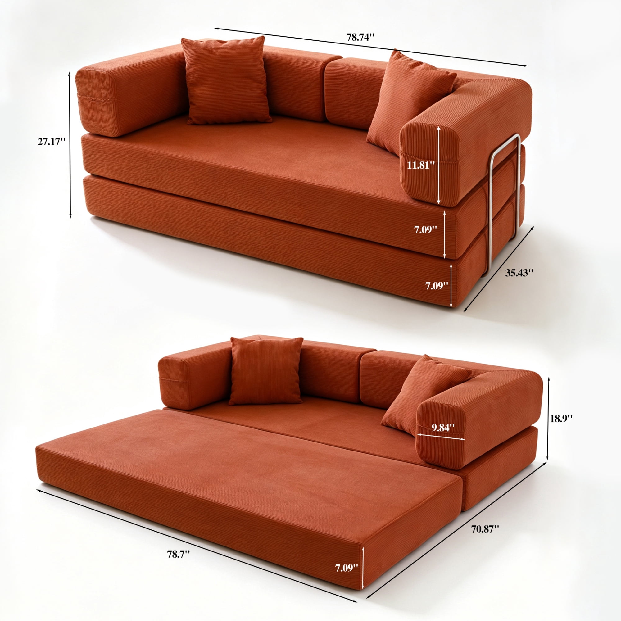 HOQBN Double Sofa Bed, Multifunctional Compression Sofa, Wide Body Pure Spine Sofa, Fine Striped Corduroy Fabric Sofa for Living Room Orange