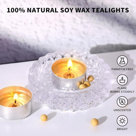 JUNCHI-Soy Wax Tealight Candles | 100 Pack - 6 Hour Long Burning Tea Lights, 100% Natural, Paraffin-Free, Unscented Tealights for Party, Home, Wedding, Emergency