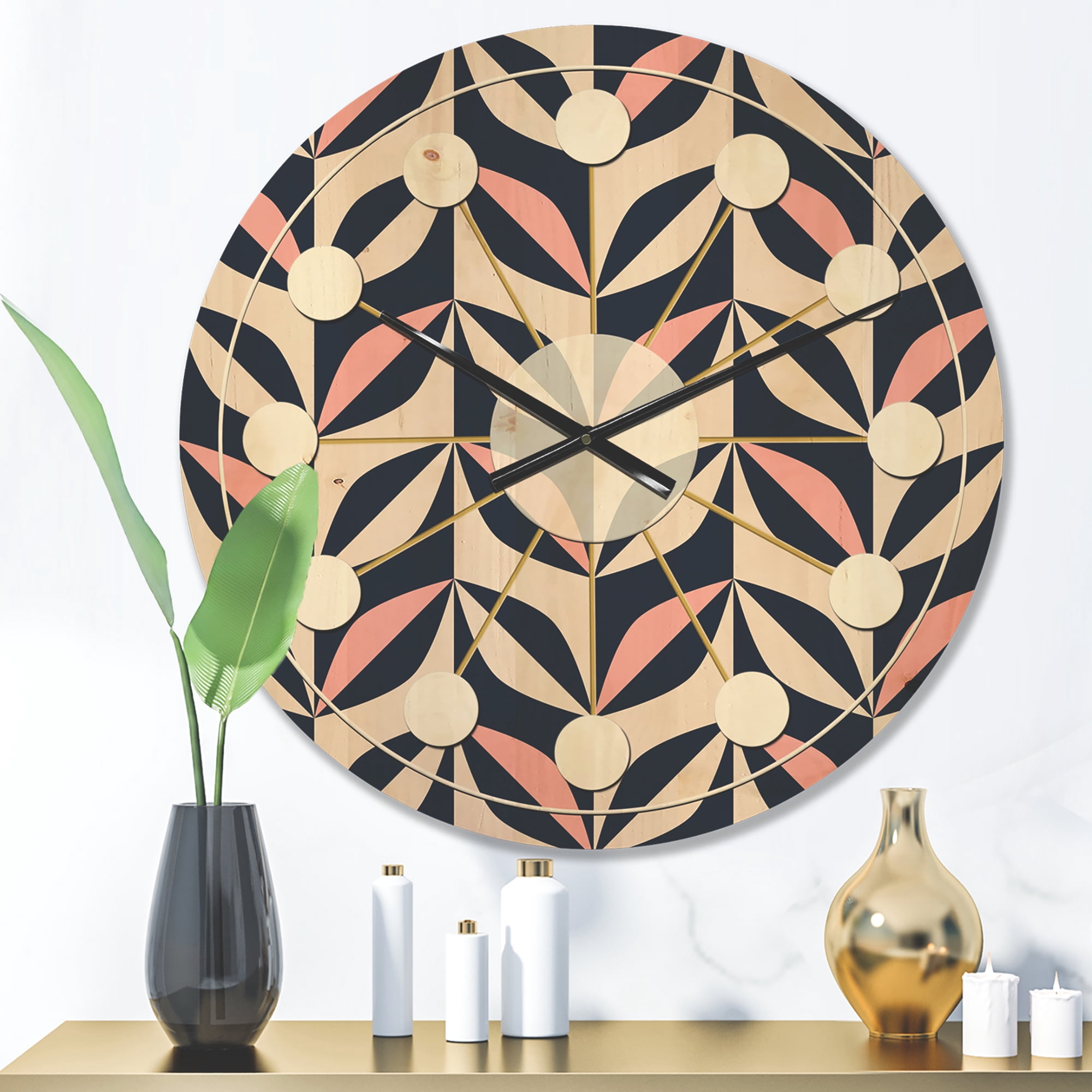 Designart 'Botanical Floral Retro Pattern III' Mid-Century Modern Wood Wall Clock