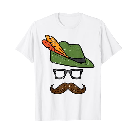German Hat Mustache Costume Bavaria Oktoberfest Men Boy White T-Shirt Short Sleeve Tee