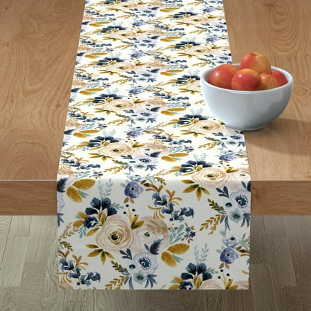 

Cotton Sateen Table Runner 108 - Floral Flowers Blue Mustard Rose Autumn Fall Watercolor Boho Shabby Chic Blooms Print Custom Table Linens by Spoonflower