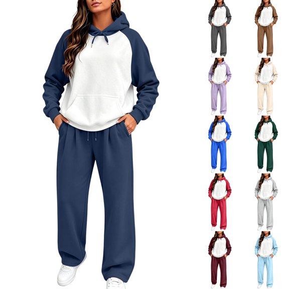 Dwelliawo Women's Tracksuits 2 Piece Set Solid Color Sweat Pullover Hoodies Jogging Running Pant Set Casual Fall Winter Suit with Pockets 2XL