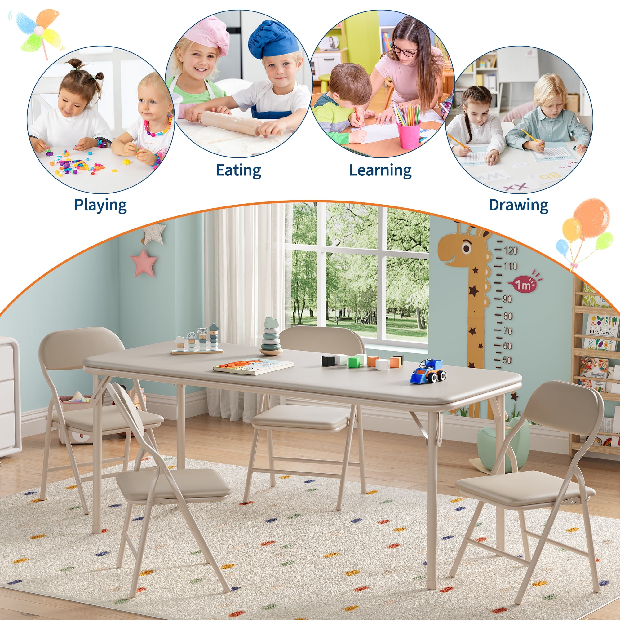 Towallmark 5-Piece Kids Activity Table and Chair Set, Folding Preschool Furniture, Collapsible for Study Room, Dining Room, Daycare, Beige