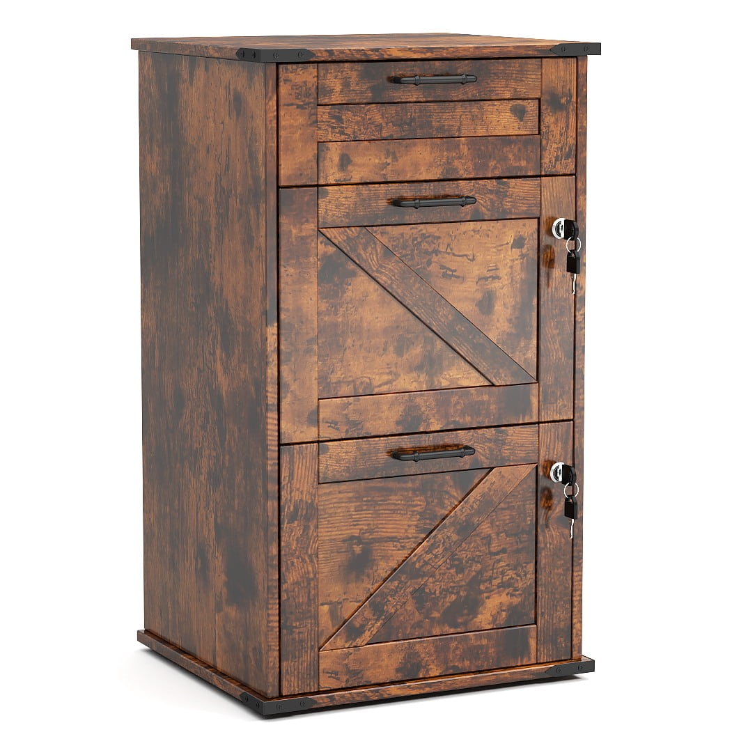 Ktaxon Wood File Cabinet with Lock 3-Drawer Lateral Office Filing Organizer  with Rustic Metal Handles for Home Office Rustic Brown