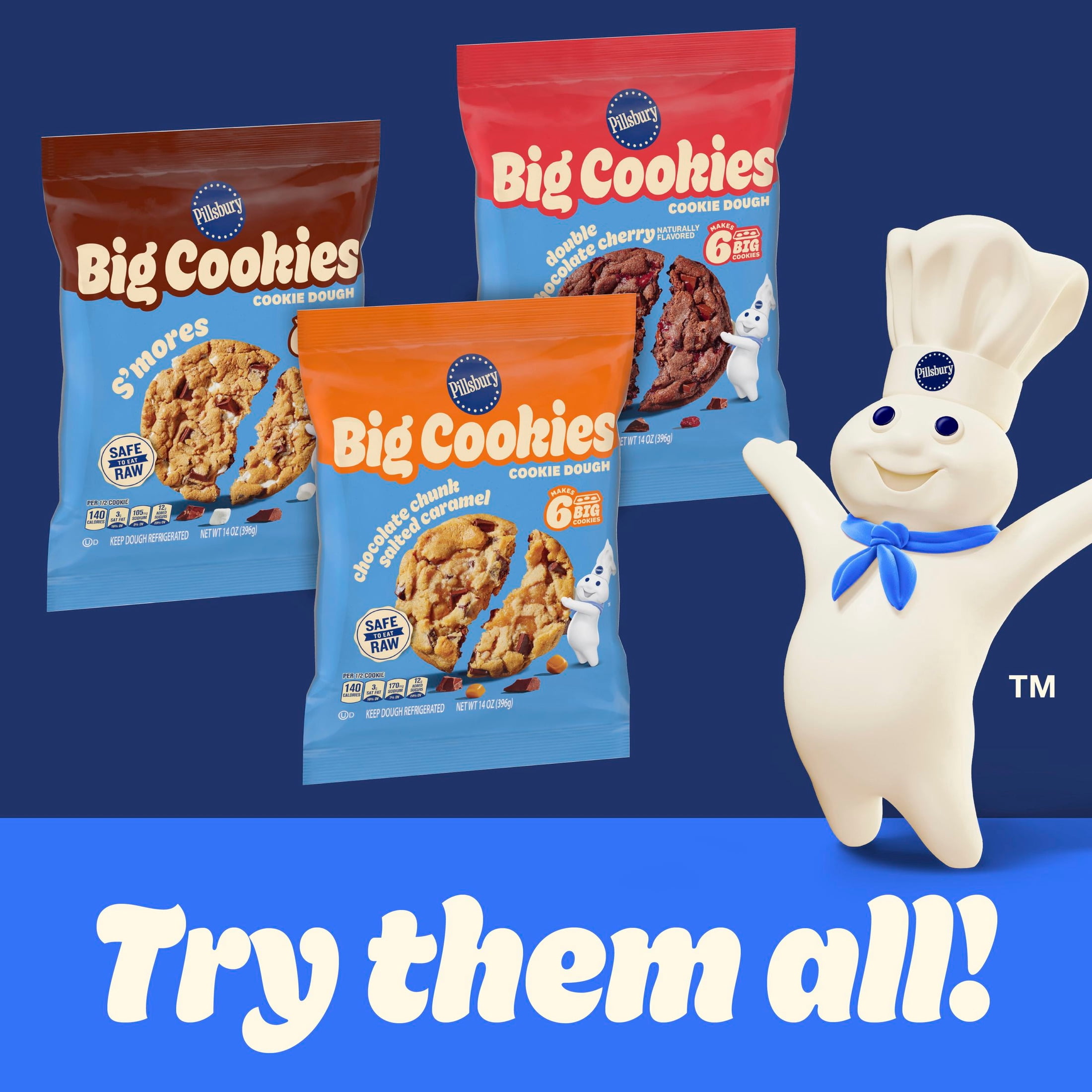 Pillsbury Big Cookies, Chocolate Chunk Salted Caramel Cookie Dough, 6 Count, 14 oz