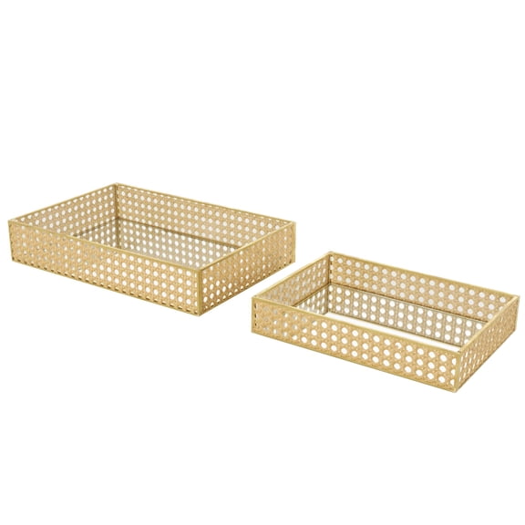 DecMode 13", 10"W Brown Rattan Woven Tray with Mirrored Glass Interior, 2-Pieces