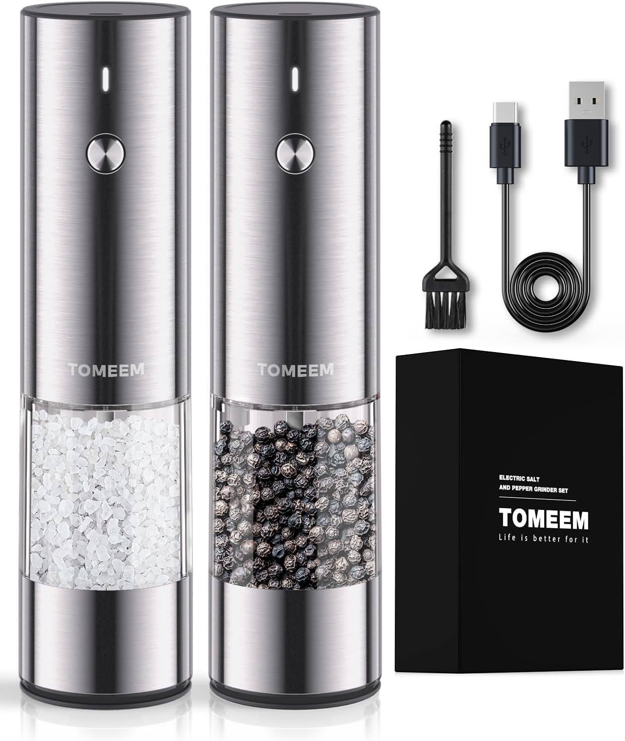 Innhom Electric Salt And Pepper Grinder Set - Battery Operated, Stainless Steel, Adjustable Coarseness, With LED Light