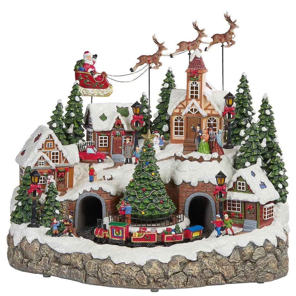 Snowy Holiday Village Centerpiece with Lights and Music
