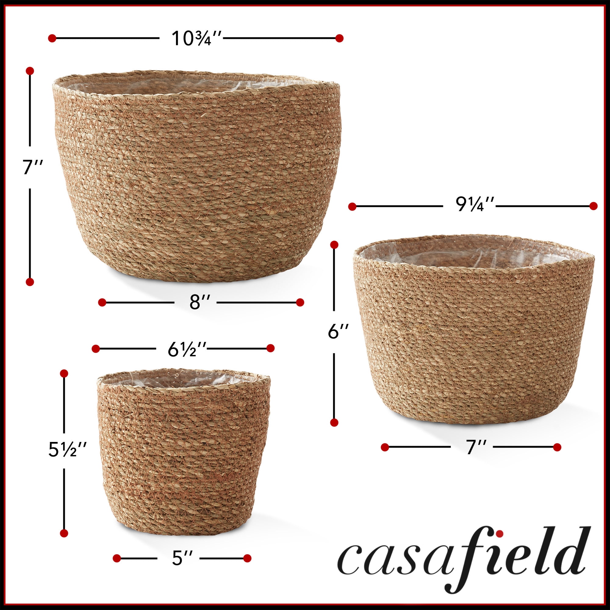 Casafield Set of 3 Seagrass Planter Baskets - Natural, Hand Woven Indoor Flower Pot Covers with Liners for Plants, Succulents, Home Decor