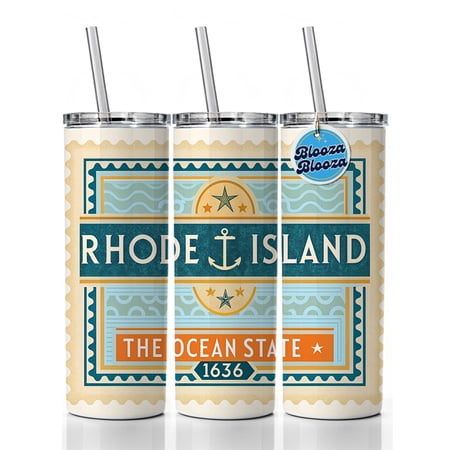 Rhode Island RI The Ocean State Travel Vacation Stamp 20oz Insulated Water Bottle Skinny Tumbler Includes Straw