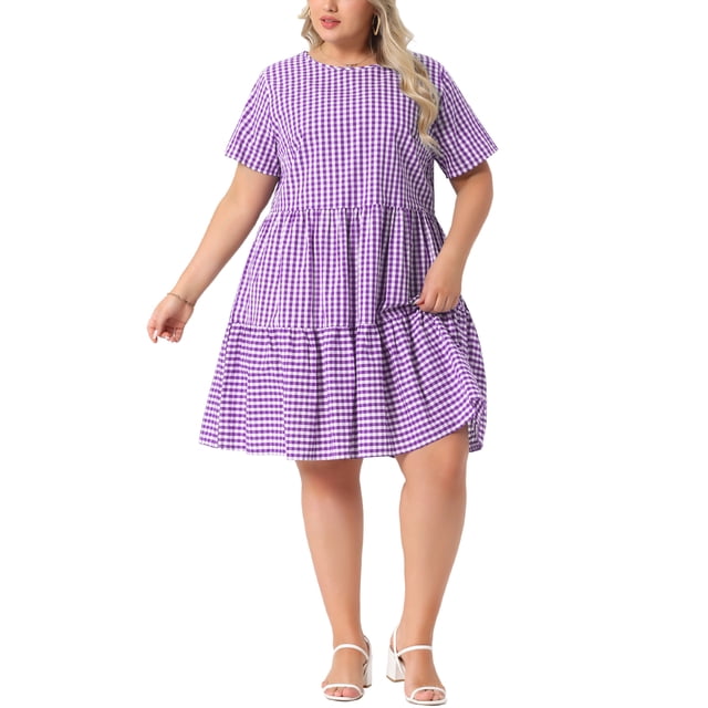 Vestidos de Gingham de Talla Grande para Mujeres Agnes Orinda, Vestido Midi de Verano Casual de Cuello Redondo, Manga Corta, Estilo Vintage de los Años 50, 4X Púrpura